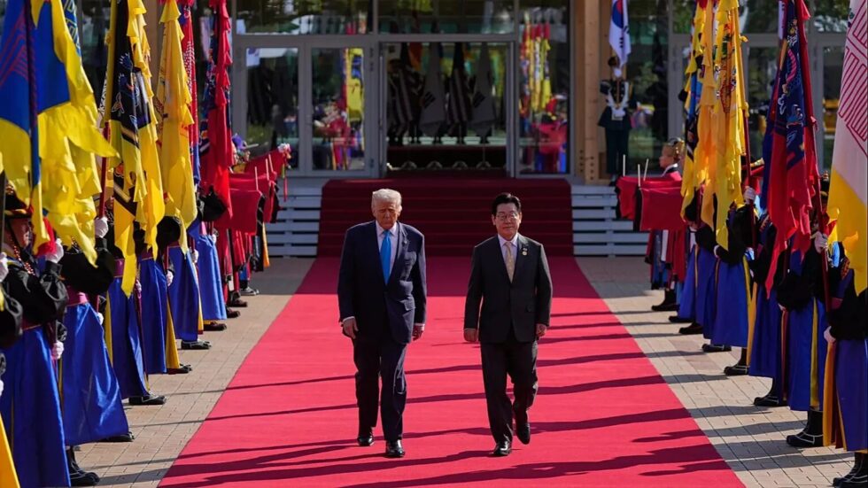 President Trump landed in South Korea, the final stop of his Asia tour, receiving top honours. He praised the "special" US-Korea relationship despite tariff deadlock and protests.