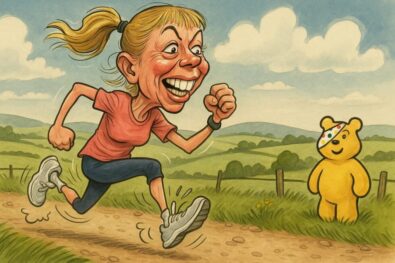 Radio 2 host Sara Cox began her 135-mile (217km) run for BBC Children in Need from Northumberland to Pudsey. She aims to finish the trek by Friday despite the pain.