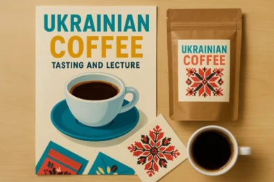 London event: Vadym Granovskiy and Olga Freimut present Ukrainian coffee identity. Tasting of 'Flat Red' coffee. Focus on historical figures (Shevchenko, Franko) and Olga Khokhlova.