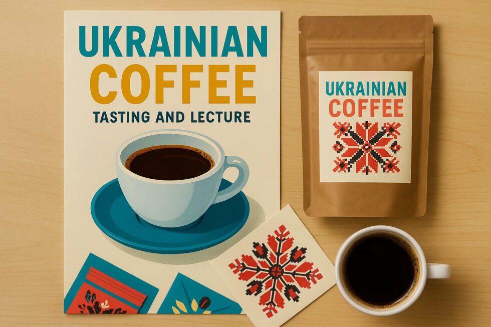 London event: Vadym Granovskiy and Olga Freimut present Ukrainian coffee identity. Tasting of 'Flat Red' coffee. Focus on historical figures (Shevchenko, Franko) and Olga Khokhlova.