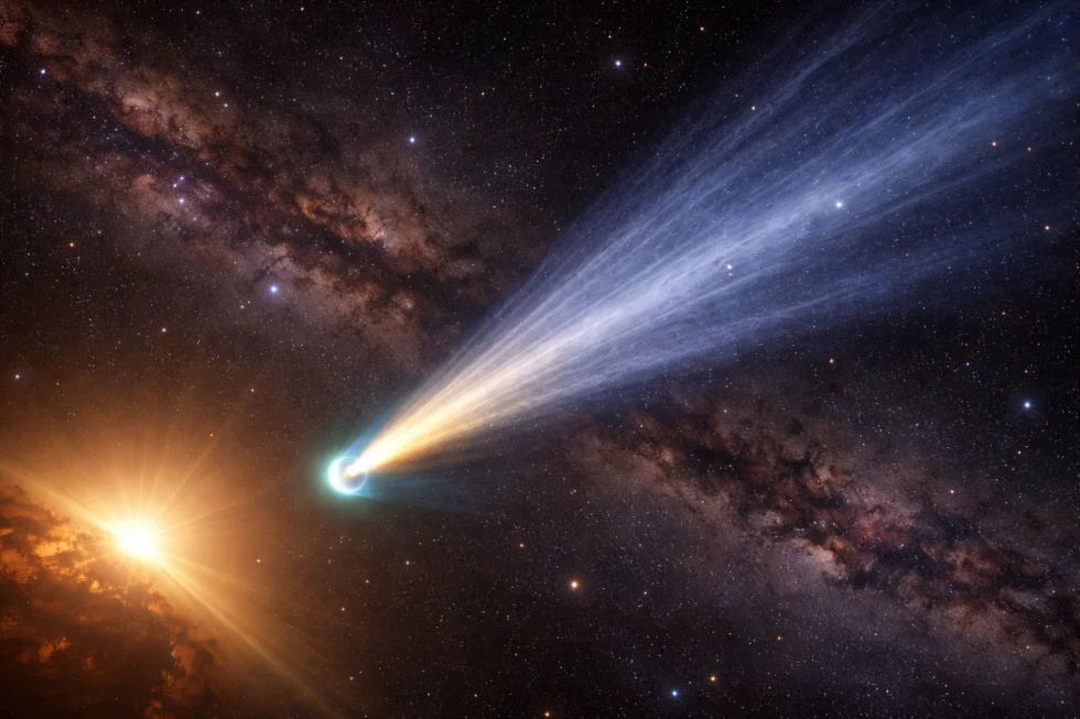 Comet 3I/ATLAS shows rare wobbling jets inside a sun-facing anti-tail as NASA tracks the interstellar visitor’s final exit, revealing how alien comet material reacts to our Sun.
