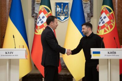 Ukraine&rsquo;s president says Russia&rsquo;s invasion is about stripping nations of choice. Speaking after talks with Portugal&rsquo;s PM, he insists any peace must protect sovereignty, democracy and security guarantees.