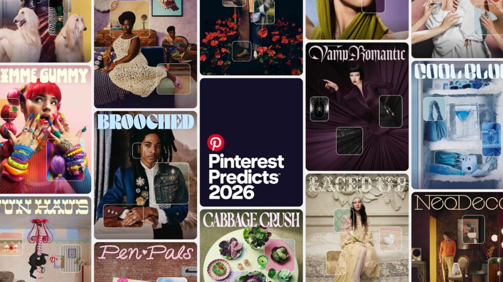 Pinterest Predicts 2026: 21 global trends for UK fashion, beauty (Glitch Glam), interiors (Neo Deco) and lifestyle. Search data shows Cool Blue and Gothic.