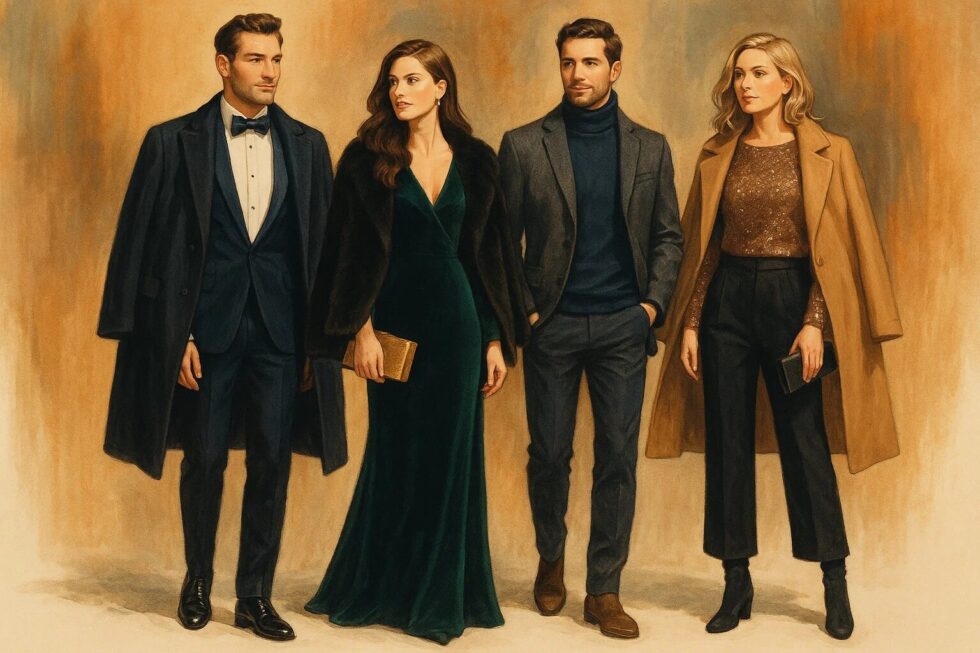 What to wear for New Year's Eve 2026? Compact UK style guide for all dress codes. Includes 2026 trends, fabric tips & a retail fact (spending is up 12%).