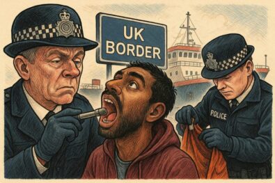 The UK government gives police power to search illegal migrants' mouths and clothes for phones/SIM cards at ports. Aims to stop smuggling gangs. Rights groups condemn it.