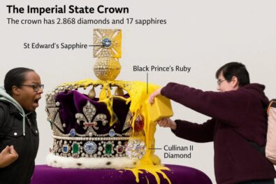 Four individuals were arrested after protesters from 'Take Back Power' threw apple crumble and custard at the Imperial State Crown display in the Tower of London on Saturday.