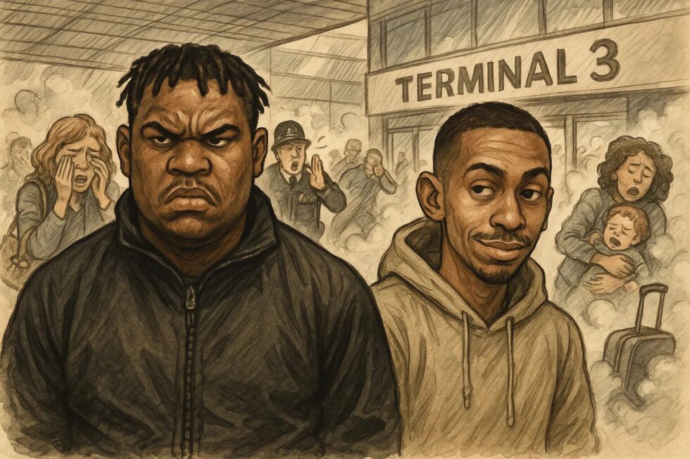 Tyrone Richards, 31, and Anton Clarke-Butcher, 24, have been charged with robbery and administering a noxious substance after an incident at Heathrow Terminal 3 on Sunday. 21 treated, including a 3-year-old.