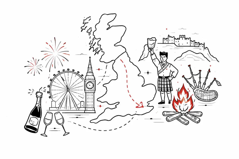 British New Year rituals in London and Scotland: first footing, money, candles, doors and wishes. How Britons attract luck, wealth and love for the new year.