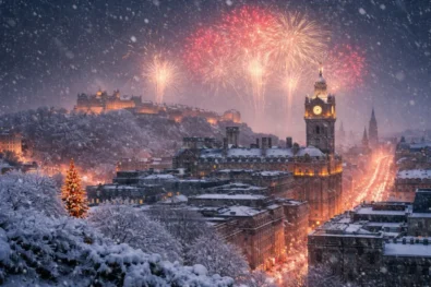 Snow UK weather forecast brings snow, ice and storm winds as Scotland enters New Year 2026 with Hogmanay fireworks, travel disruption, ferry risk and transport restrictions across major cities.