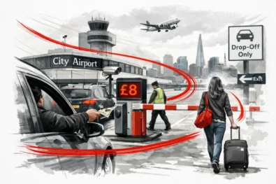 From 6 January 2026, London City Airport will charge &pound;8 for terminal drop-offs as free kerbside access ends. ANPR cameras will enforce the rule, aligning the airport with Heathrow and Gatwick.
