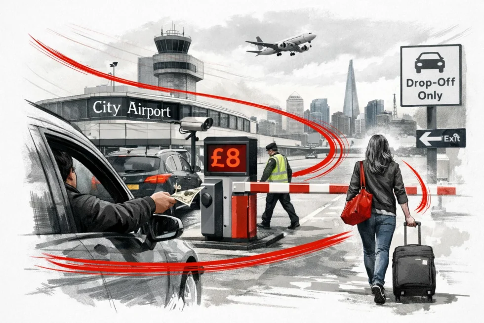 From 6 January 2026, London City Airport will charge £8 for terminal drop-offs as free kerbside access ends. ANPR cameras will enforce the rule, aligning the airport with Heathrow and Gatwick.