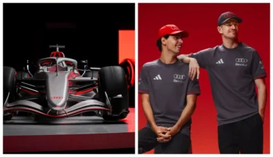 Audi unveils its 2026 F1 team kit after Sauber takeover with adidas partnership, debuting drivers H&uuml;lkenberg and Bortoleto in monochrome and red accents.