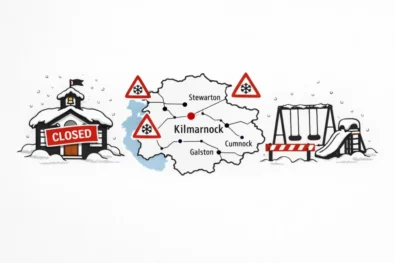 School closure in East Ayrshire: Kilmarnock schools at Barony Campus and Robert Burns Academy shut Monday 5 January 2026 after heating failure and flooding, per council updates.
