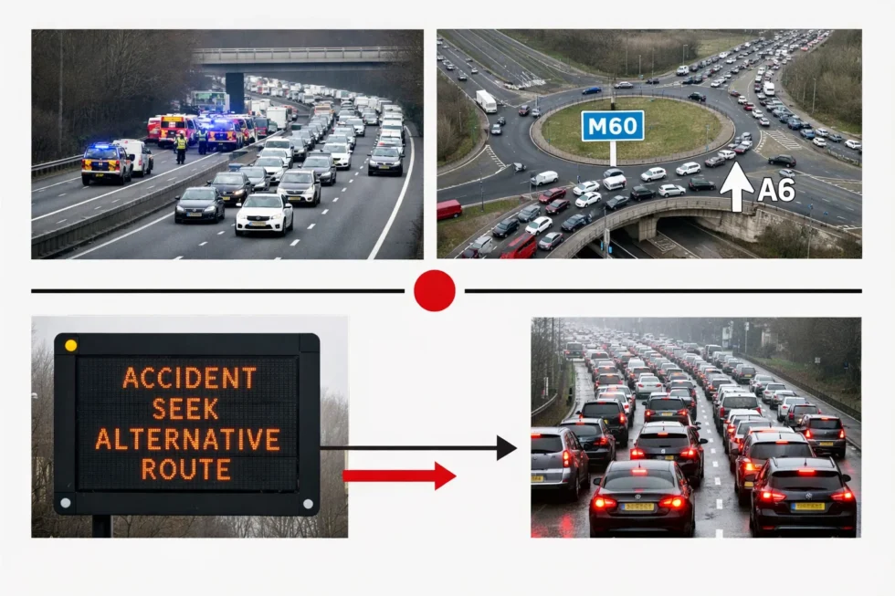 Severe traffic disruption hits Stockport as police close parts of the M60 and A6. Drivers face delays of up to 40 minutes with congestion spreading to the M56 and A34.
