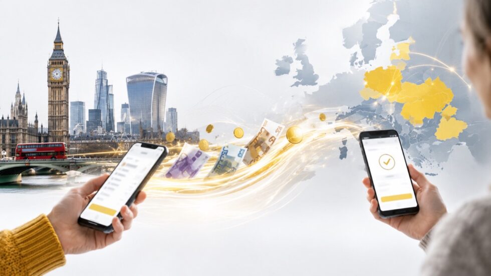 TransferGo international money transfer app with London skyline and fast UK to Eastern Europe transfers in 2026.