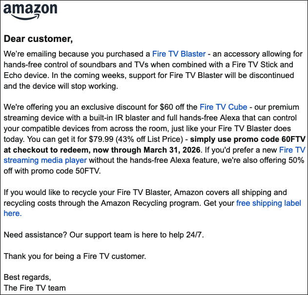 Fire TV Blaster discontinue confirmed as Amazon ends support and remotely disables the accessory. UK owners notified by email with compensation offers, discounts and recycling options available.