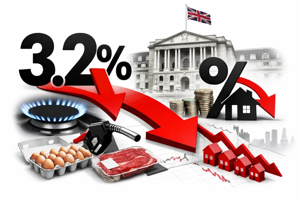 UK inflation fell to 3.2% in November after food, clothing and energy prices cooled. ONS data now signals that Bank of England rate cuts are likely, reshaping borrowing, mortgages and the 2026 economy.