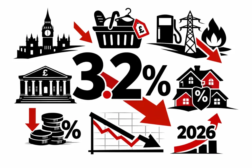 UK inflation fell to 3.2% in November after food, clothing and energy prices cooled. ONS data now signals that Bank of England rate cuts are likely, reshaping borrowing, mortgages and the 2026 economy.