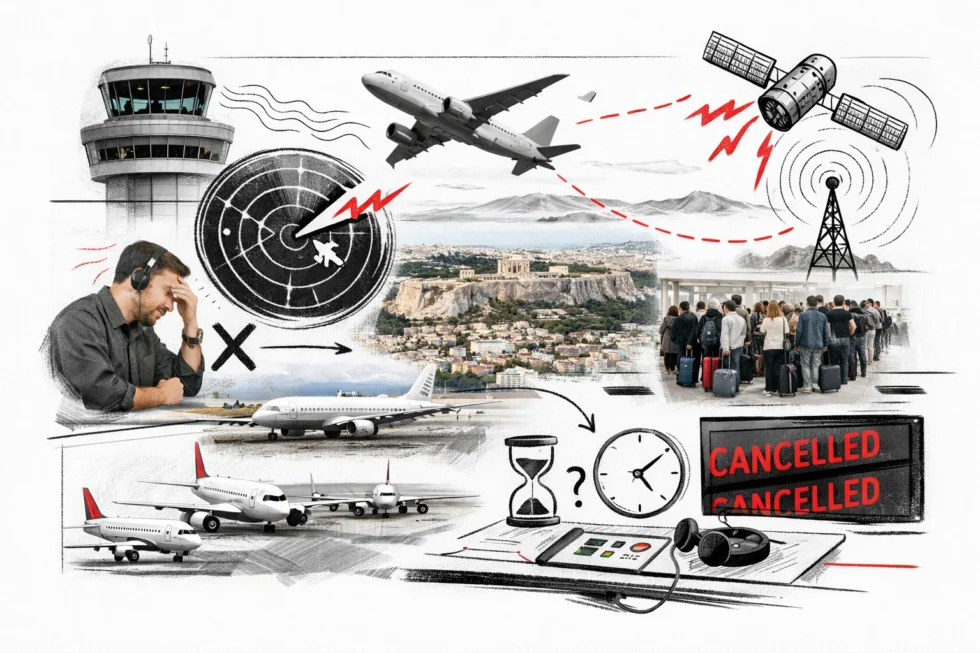 What is known about Greece’s air-traffic blackout after a radio-frequency collapse
