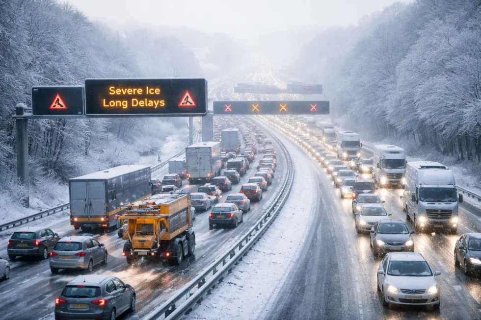 Black ice and winter roadworks overload the UK road network on 7 January 2026 as the M8, M62, M4 and A55 face delays, closures and commuter pressure. Live routes and travel advice.