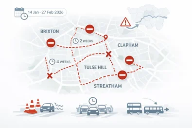 Lambeth road closures run from 14 January to 27 February 2026 across Brixton, Tulse Hill, Clapham and Streatham. See which streets are closed, for how long and how London traffic will be affected.