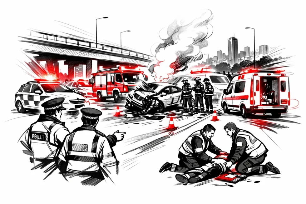 M60 crash closes key Manchester airport junction after multi-lane collision, triggering severe traffic disruption across Stockport and south Manchester as emergency services work at the scene.