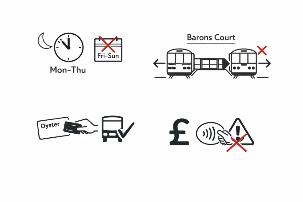 Frequently asked questions about London Underground closures 2026
Do the Northern line Bank branch closures affect Fridays and weekends?
No. The scheduled closures apply only Monday to Thursday after 22:00. Normal service is expected on Fridays, Saturdays and Sundays unless separately announced by TfL.
Can passengers still use Barons Court station during the works?
Yes – but with restrictions. Barons Court will remain open for westbound journeys only. Eastbound District and Piccadilly line trains will pass through the station without stopping.
Are Oyster, contactless and Travelcards valid on replacement buses?
Yes. All TfL tickets, Oyster pay-as-you-go, contactless payments and valid Travelcards are accepted on official replacement bus services operating during London Underground engineering works.
Can passengers claim compensation for planned TfL service changes?
Generally, no. Delay Repay compensation schemes apply to unplanned disruption only. Pre-announced engineering works, including scheduled Northern line and DLR closures, are not eligible for refunds.