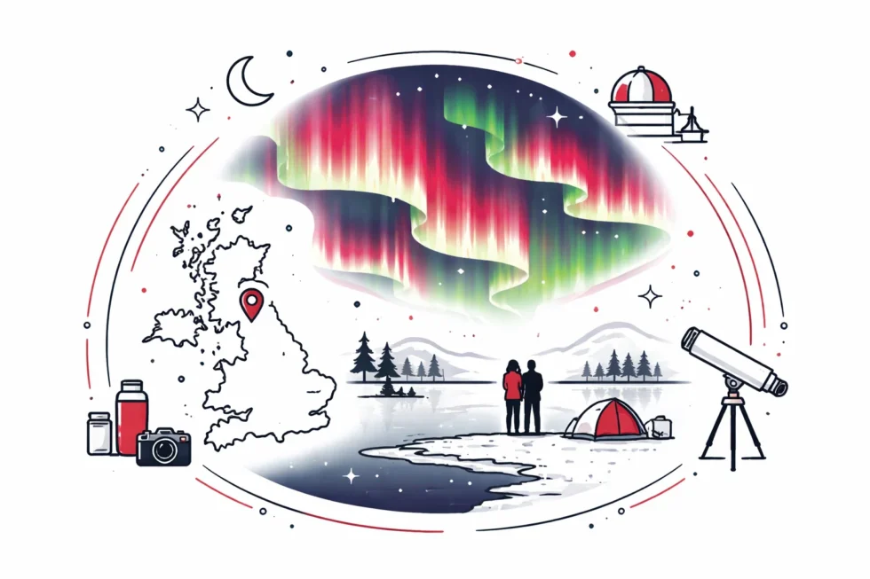 Northern lights aurora borealis UK forecast for 20–21 January 2026 with best viewing times 22:00–02:00 GMT in Scotland, Northern Ireland and northern England during severe solar storm.
