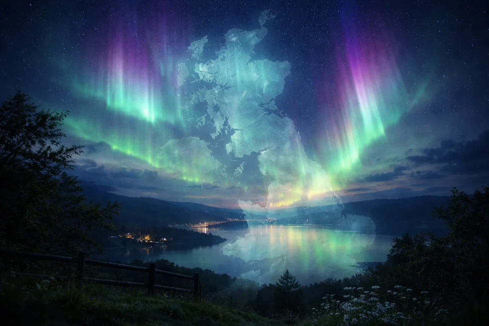 Northern lights aurora borealis UK forecast for 20–21 January 2026 with best viewing times 22:00–02:00 GMT in Scotland, Northern Ireland and northern England during severe solar storm.