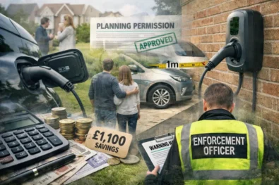 EV charger planning permission England 2026 explained: what changed in driveway rules, who qualifies, size and distance limits, savings up to &pound;1,100, enforcement risks and what homeowners must check now.