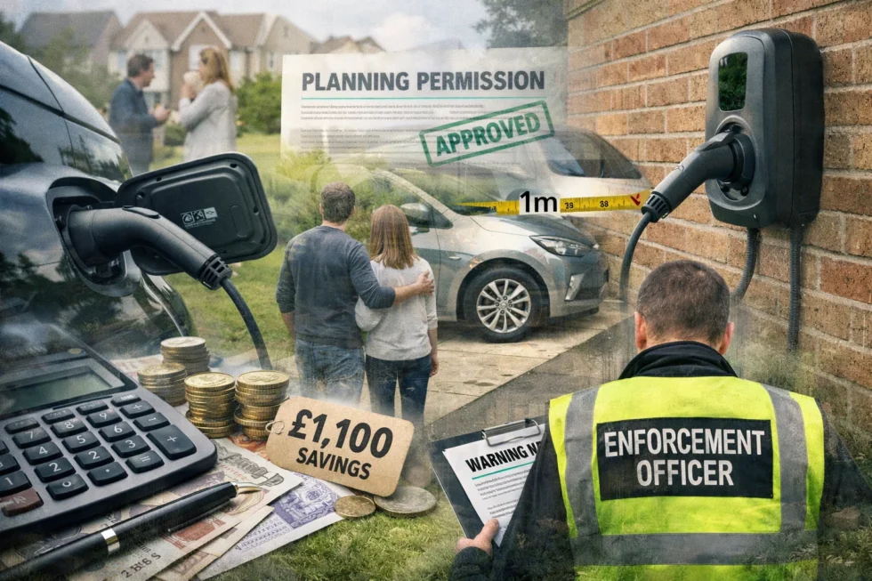 EV charger planning permission England 2026 explained: what changed in driveway rules, who qualifies, size and distance limits, savings up to £1,100, enforcement risks and what homeowners must check now.