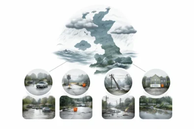 27 January 2026 &mdash; Storm Chandra causes flooding, road closures, power cuts and school closures across the UK as winds of up to 75mph and heavy rain hit Devon, Somerset, Belfast and Antrim.