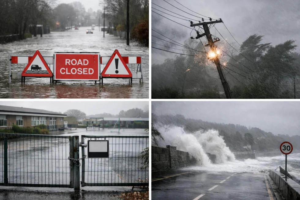 27 January 2026 — Storm Chandra causes flooding, road closures, power cuts and school closures across the UK as winds of up to 75mph and heavy rain hit Devon, Somerset, Belfast and Antrim.