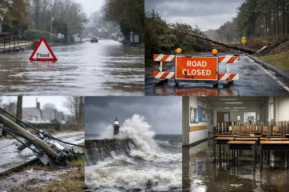 27 January 2026 — Storm Chandra causes flooding, road closures, power cuts and school closures across the UK as winds of up to 75mph and heavy rain hit Devon, Somerset, Belfast and Antrim.