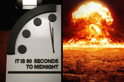 In 2026, the Doomsday Clock moved to 85 seconds to midnight due to nuclear threats, international conflicts, AI risks, and global security challenges.