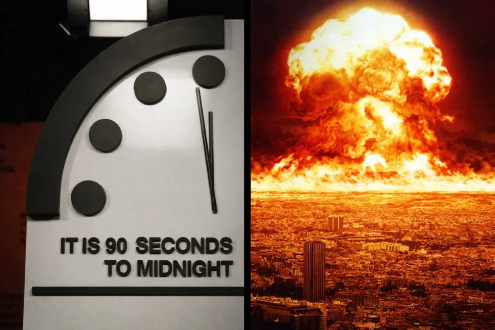 In 2026, the Doomsday Clock moved to 85 seconds to midnight due to nuclear threats, international conflicts, AI risks, and global security challenges.