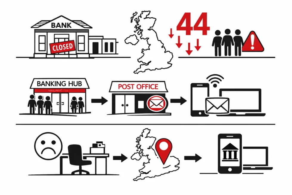 Santander will close 44 bank branches across the UK in 2026 and early 2027, putting 291 jobs at risk. Customers are advised to use Banking Hubs, Post Offices and digital services as branches shut.