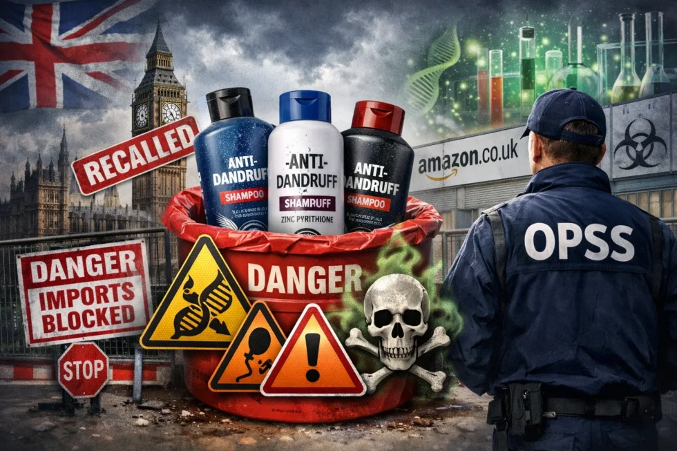 Shampoo recalled in the UK after regulators found banned zinc pyrithione linked to fertility and DNA damage risks. OPSS ordered removal from Amazon and blocked imports.