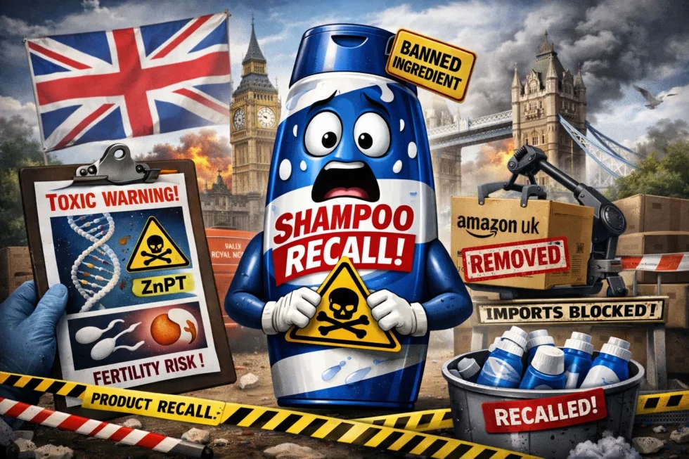 Shampoo recalled in the UK after regulators found banned zinc pyrithione linked to fertility and DNA damage risks. OPSS ordered removal from Amazon and blocked imports.