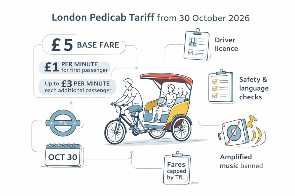 What is the London pedicab tariff in 2026? From 30 October, London sets a £5 base fare, £1 per minute pricing and new TfL rules to end unregulated pedicab charges.