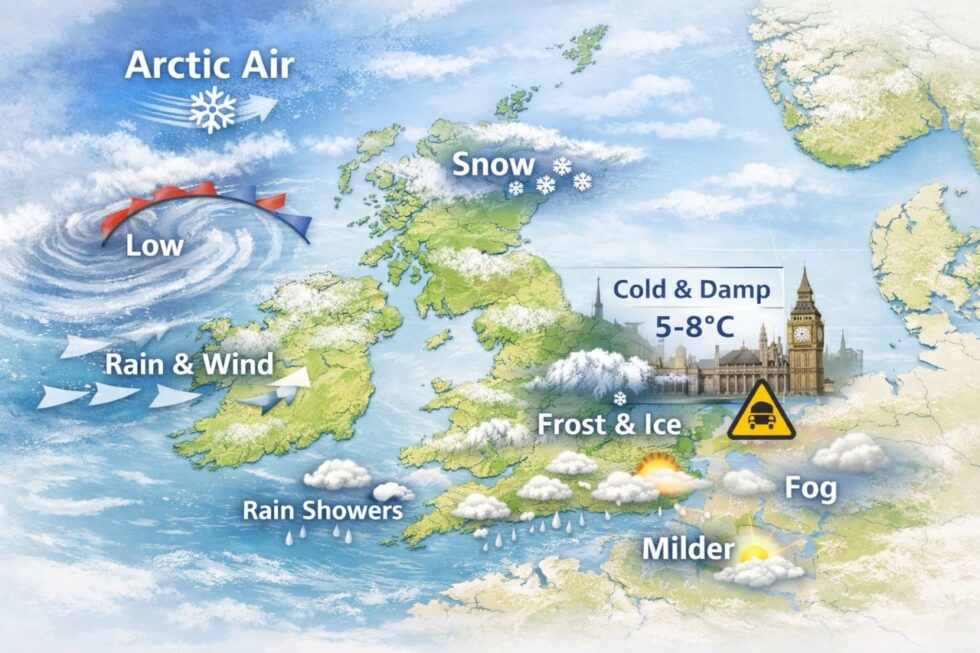 UK weather forecast for 16–22 February 2026: Arctic maritime air weakens, but cold ground keeps ice risk high. Met Office warns of icy mornings, rain and limited snowfall across Britain.