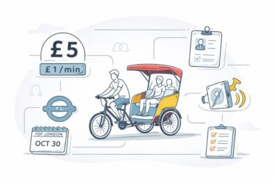 What is the London pedicab tariff in 2026? From 30 October, London sets a &pound;5 base fare, &pound;1 per minute pricing and new TfL rules to end unregulated pedicab charges.