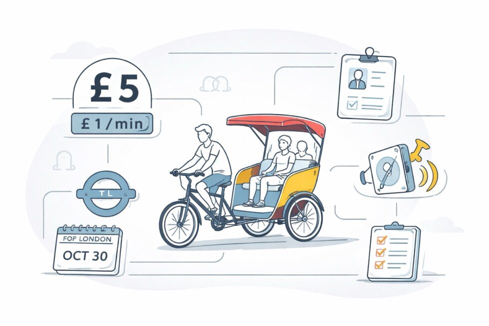 What is the London pedicab tariff in 2026? From 30 October, London sets a £5 base fare, £1 per minute pricing and new TfL rules to end unregulated pedicab charges.