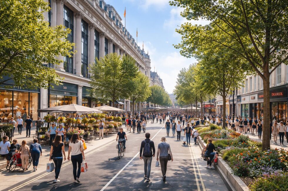 Oxford Street pedestrianisation confirmed by Mayor Sadiq Khan. Vehicles banned from September 2026, 16 bus routes diverted, works until 2027, new cycle routes planned.