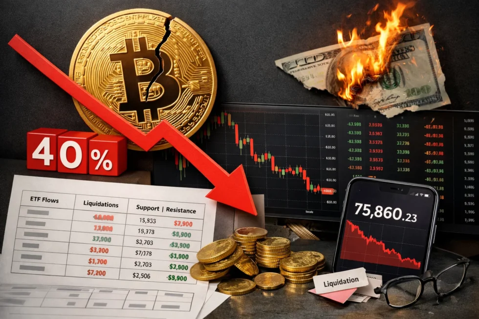 Bitcoin has fallen below $76,000 after a 40% slide from its November record. This article includes a detailed table tracking prices, drawdowns, ETF flows, liquidations and key technical levels from Nov 2025 to 3 Feb 2026.