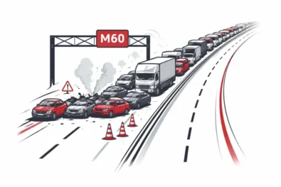M60 queues built up after a six-car crash stopped traffic between junctions 16 and 17 near Manchester on 4 February, causing major rush-hour delays before lanes reopened later in the morning.