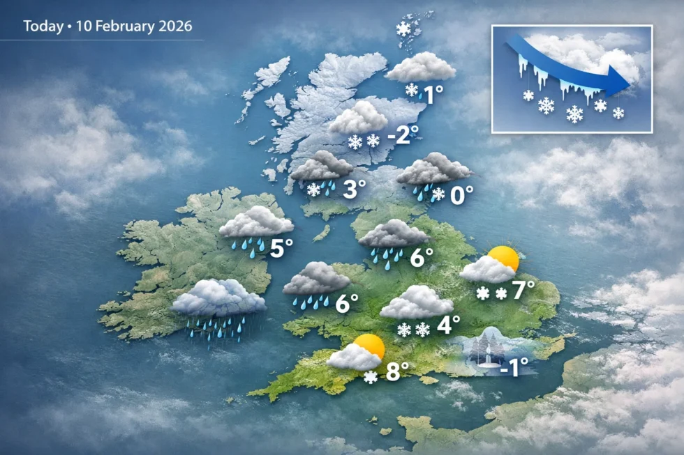 UK weekend weather forecast for February 2026 shows a brief cold snap this weekend before Atlantic weather systems return, with ongoing flood risk across the UK, says the Met Office.