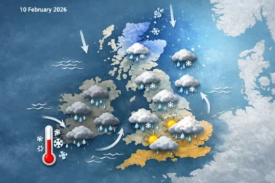 UK weekend weather forecast for February 2026 shows a brief cold snap this weekend before Atlantic weather systems return, with ongoing flood risk across the UK, says the Met Office.