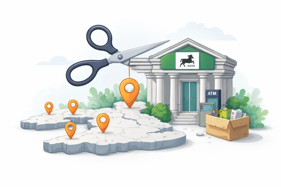 Lloyds Banking Group confirms 95 UK branch closures between May 2026 and March 2027, affecting Lloyds Bank, Halifax and Bank of Scotland customers as the lender cuts its high street presence.