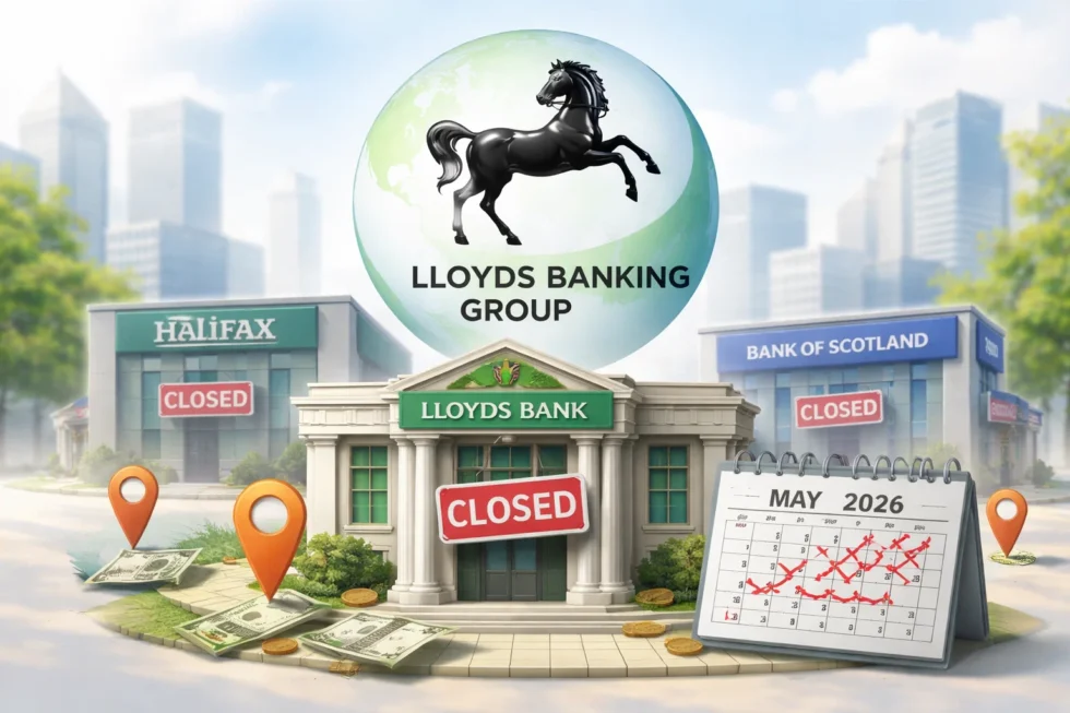 Lloyds Banking Group confirms 95 UK branch closures between May 2026 and March 2027, affecting Lloyds Bank, Halifax and Bank of Scotland customers as the lender cuts its high street presence.